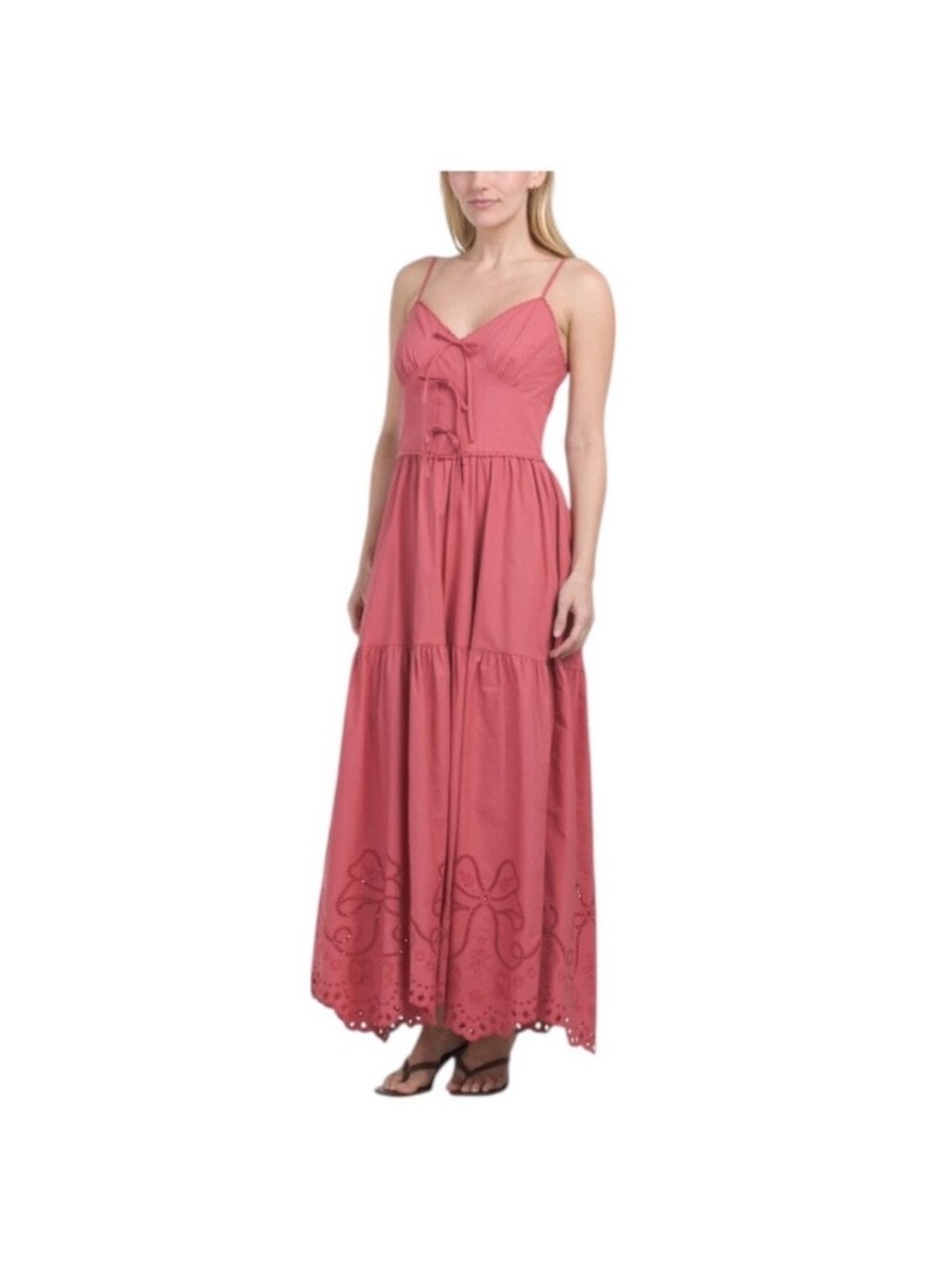 Moon River Rose-Pink Eyelet Tiered Maxi Dress